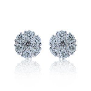 1.00 Carat Round Cut Diamond Cluster Stud Earrings 14K White Gold